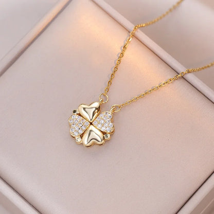 Fashion Retro Lucky Four Leaf Clover Women Necklace Gothic Love Heart Pendant Choke Chain Necklace Stainless Steel Jewelry Gift