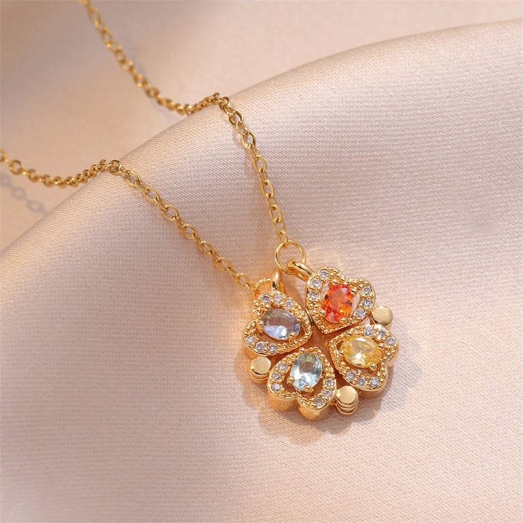 Fashion Retro Lucky Four Leaf Clover Women Necklace Gothic Love Heart Pendant Choke Chain Necklace Stainless Steel Jewelry Gift